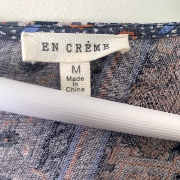 En Creme Romper Size M Blue Handkerchief Ikat Print Long Sleeve Shorts Bohemian - Picture 6 of 7